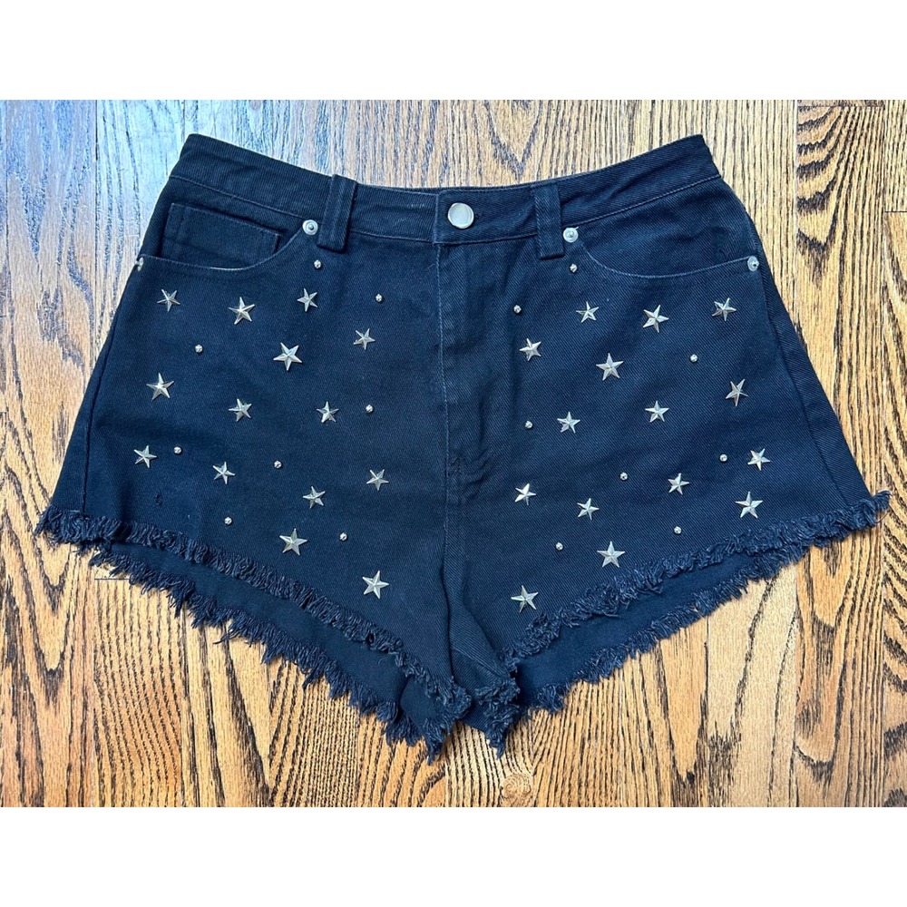 Lush Black Star Studded High Rise Frayed Hem Denim Shorts Size Small NWOT